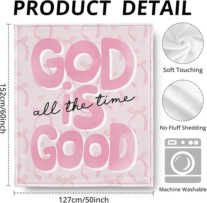 Preppy Pink Christian Blanket, God is Good All The Time Bible Verse Throw Blankets for Girly Room Bedroom Dorm Couch Bed Decor, Coquette Pink Bow Religious Scripture Blanket, 50x60 Inch