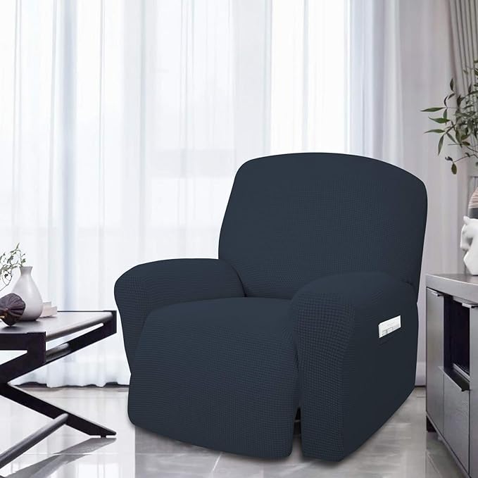 Easy-Going 4 Pieces Oversized Recliner Stretch Sofa Slipcover Sofa Cover Furniture Protector Couch Soft with Elastic Bottom,Polyester Spandex Jacquard Fabric Small Checks Dark Blue