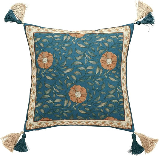 patdrea Designer Square Throw Pillow Covers,French Floral Blue Farmhouse Linen Vine Branch Pattern Pillow Cover,Decorative Pillowcases Cushion for Bed Living Room Outdoor Car,18"x18"