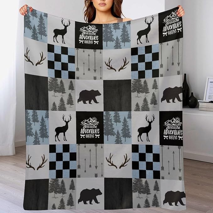 Bear Cabin Plaid Blanket, Rustic Retro Bear Deer Patchwork Gray Blue Farmhouse Throw Blanket for Couch Bed Living Room, 40"x50"