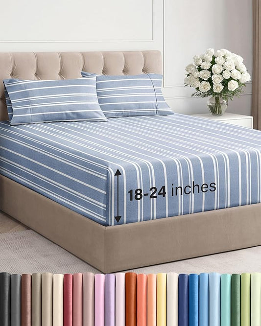 Extra Deep Pocket Cal King Sheets - 4 Piece Breathable & Cooling Bed Sheets - Hotel Luxury Bed Sheet Set - Soft, Wrinkle Free & Comfy - Easily Fits Extra Deep Mattresses - Blue Striped Sheets Set