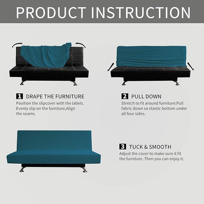 Easy-Going Stretch Futon Slipcover Armless Futon Bed Cover Furniture Protector Without Armrests with Elastic Bottom for Kids, Soft Jacquard Fabric Small Checks (Large, Peacock Blue)