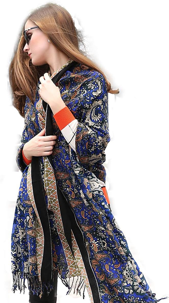 DANA XU 100% Merino Wool Pashmina Shawl for Women 96"x43", Oversized Cashmere Wrap with Tassels, Floral Travel Blanket Cape