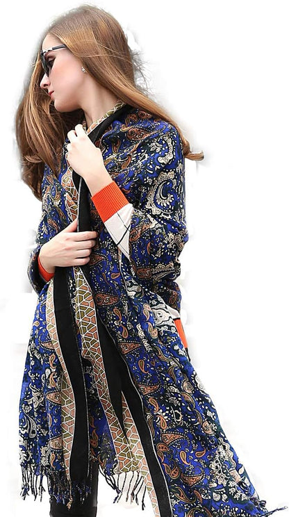 DANA XU 100% Merino Wool Pashmina Shawl for Women 96"x43", Oversized Cashmere Wrap with Tassels, Floral Travel Blanket Cape