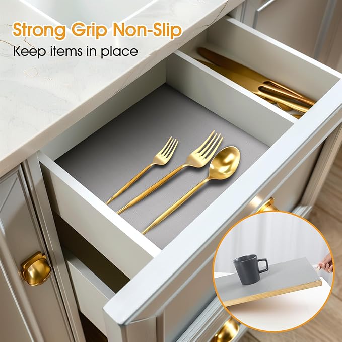 Shelf and Drawer Liner for Kitchen Cabinets Non-Adhesive, Strong Grip Non-Slip Thickened Cabinet Liners for Shelves, Waterproof Mats for Dresser Cupboard, Pure Gray, 23 in x 20 Feet