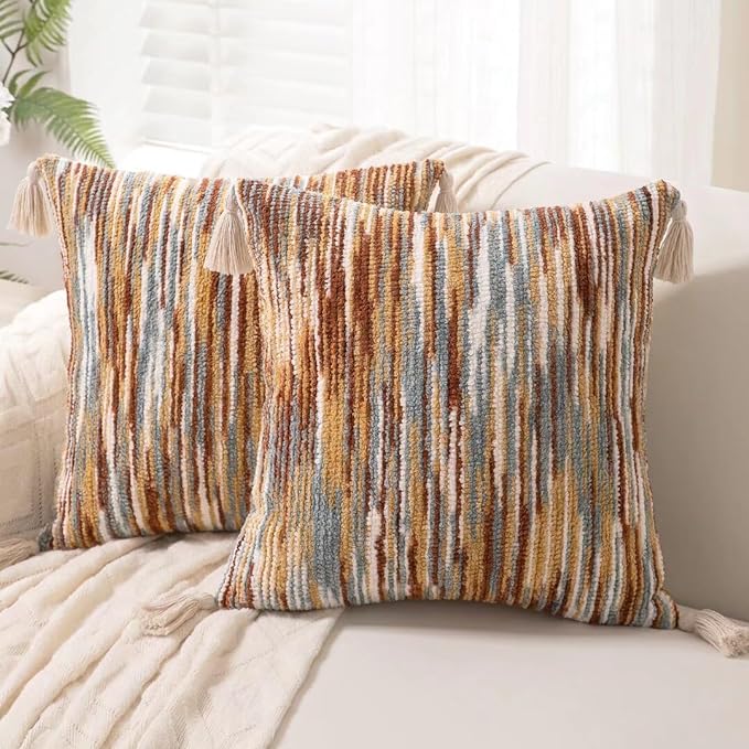 Boho Throw Pillow Covers 18x18 Set of 2 Woven Tufted Farmhouse Pillows Cover with Tassels Textured Striped Cushion Case Neutral Pillow Cases Decorative Pillowcase for Sofa Couch Bed,Rust