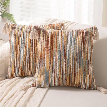 Boho Throw Pillow Covers 18x18 Set of 2 Woven Tufted Farmhouse Pillows Cover with Tassels Textured Striped Cushion Case Neutral Pillow Cases Decorative Pillowcase for Sofa Couch Bed,Rust