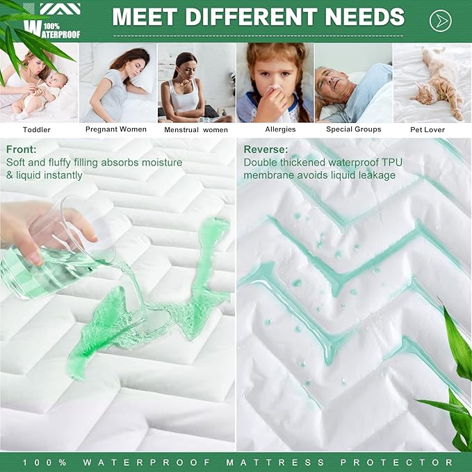 Unilibra Cal King Size Waterproof Mattress Pad Rayon Made from Bamboo, Quilted Breathable Mattress Protector, 6''-25'' Deep Pocket Fitted Mattress Cover White