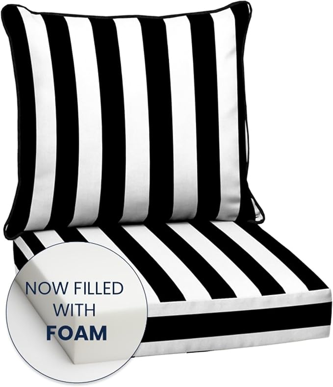 Arden Outdoor Foam Deep Seat Cushion Set, 24 in x 24 in, Weather-Proof, Rain-Proof, Fade Resistant Patio Cushion, Bottom and Back Cushion for Chair, Sofa, and Couch Black Cabana Stripe