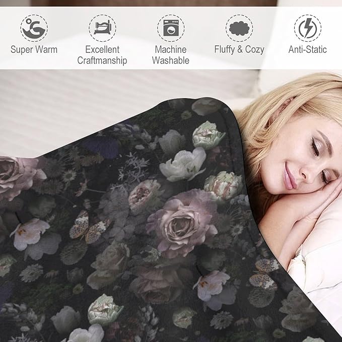 Vintage Gothic Floral Blanket, Black Pink Flower Rose Black Garden Roses Blooming Boho Throw Blankets for Home Bedding Couch Decor, 50"x60"