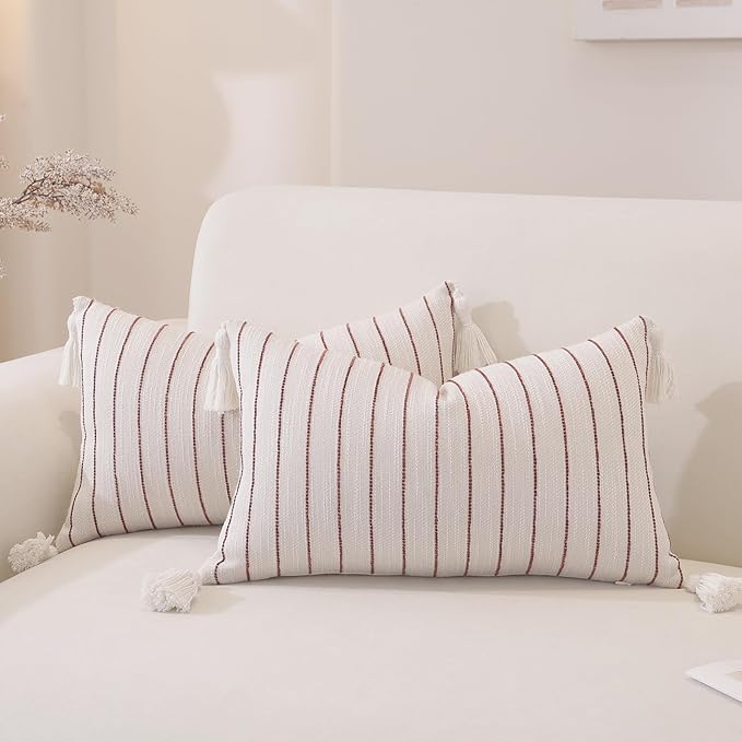 Decorative Boho Throw Pillow Covers 20x12 Inch Set of 2, Textured Linen Striped Lumbar Throw Pillows with Tassels, Soft & Cozy Farmhouse Decor Cushion Covers for Couch Bed Living Room