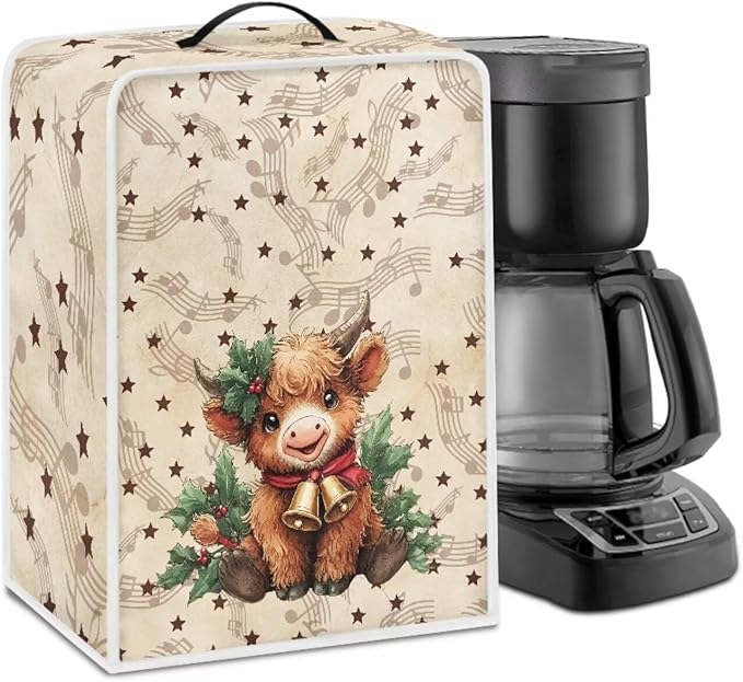 Christmas Coffee Maker Cover, Dustproof Washable Highland Cow Coffee Machine Protector with Handle