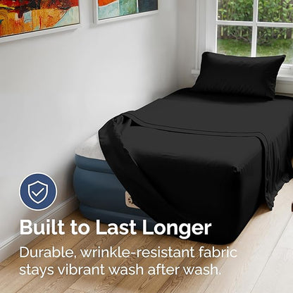 Air Mattress Sheet Set for Twin Size - 3 Piece Breathable & Cooling Sheets w/Extra Deep Pockets - Fits Inflatable & Blow Up Air Mattresses Up to 24 Inches Thick - Ultra Soft & Wrinkle Free - Black