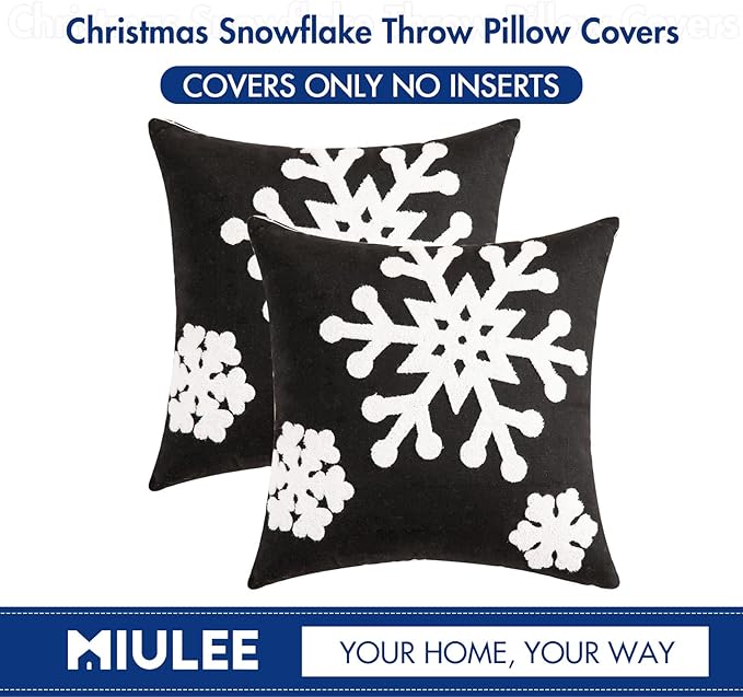 MIULEE Pack of 2 Christmas Decorative Snowflake Throw Pillow Covers Canvas Embroidery Winter Cushion Cases Holiday Decor Soft Pillowcases for Winter Couch Sofa Bedroom Car（Black, 16x16in）