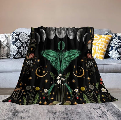 Moon Phase Moth Blanket, Vintage Botanical Mushroom Wildflower Gothic Night Moonlit Mysterious Witchy Throws Blanket for Sofa Bed Couch Chair, 30"x40"
