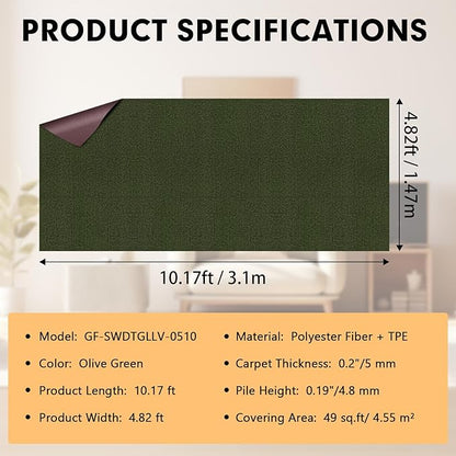 Marine Carpet,5 FT x 10 FT Olive Green Indoor Outdoor Carpet 0.2" Thick with Water-Proof TPE Backing, Non-Slide for Home, Patio, Porch, Deck