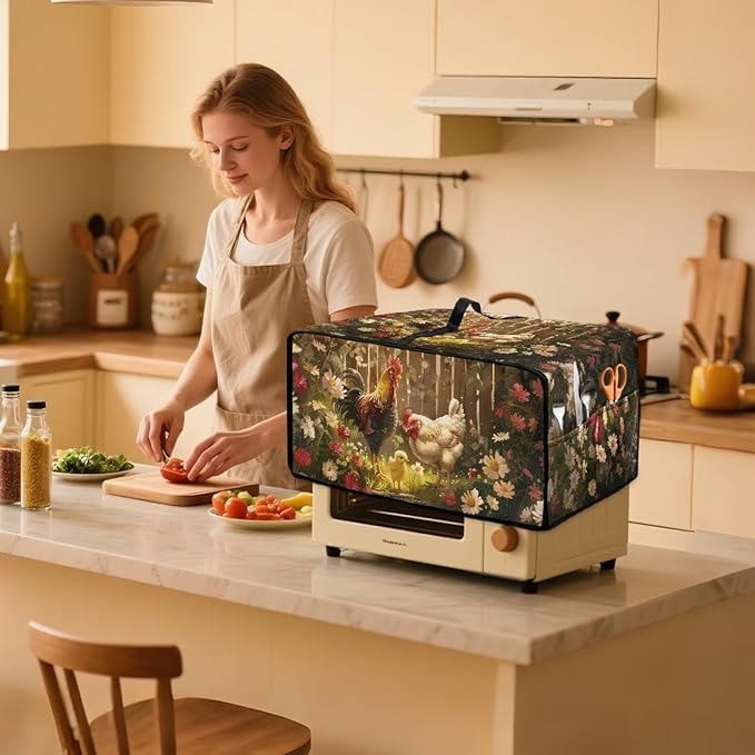 Air Fryer Toaster Oven Dust Cover with Side Pockets, Protective Countertop Microwave Oven Cover for Home Indoor Decor, M, 16.5 x 20.5 x 10 Inches, Rooster Chicken Daisy Print