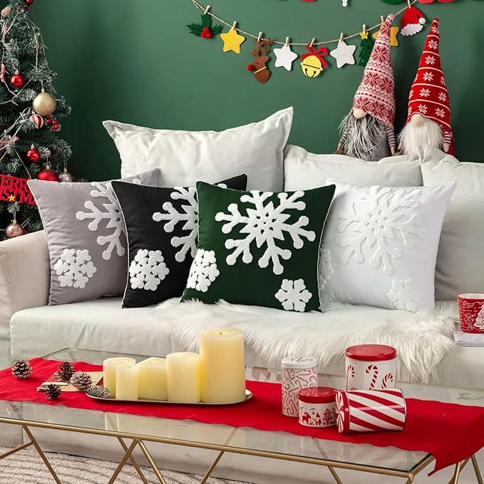 MIULEE Pack of 2 Christmas Decorative Snowflake Throw Pillow Covers Canvas Embroidery Winter Cushion Cases Holiday Decor Soft Pillowcases for Winter Couch Sofa Bedroom Car（Dark Green, 16x16in）