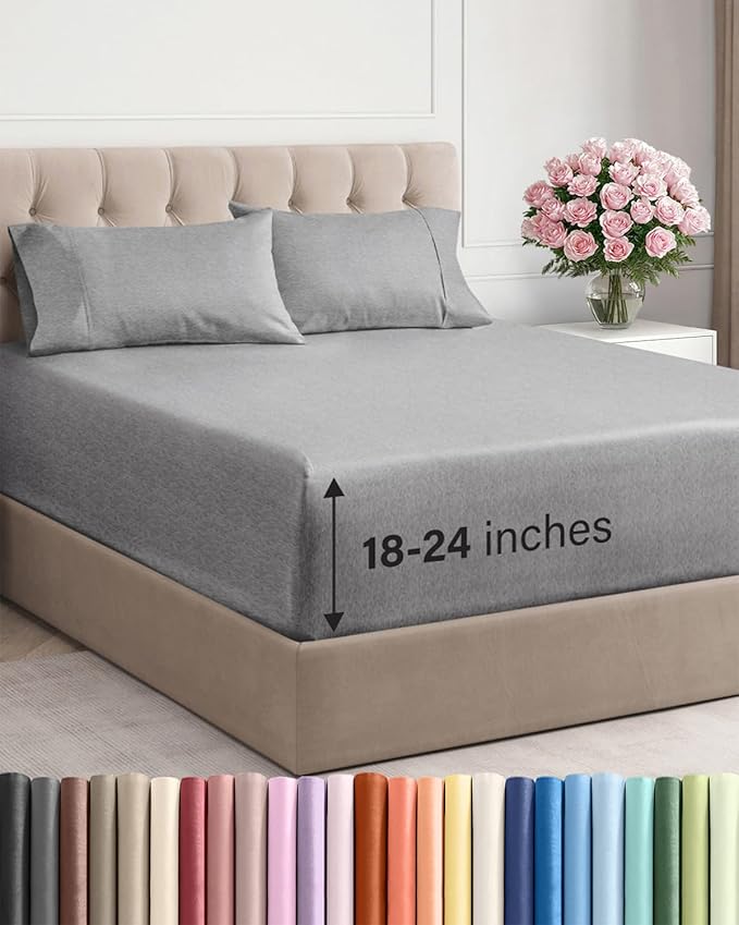 Extra Deep Pocket Full Sheets - 4 Piece Breathable & Cooling Bed Sheets - Hotel Luxury Sheet Set - Soft, Wrinkle Free & Comfy - Easily Fits Extra Deep Mattresses - Deep Pocket Heathered Grey Sheets