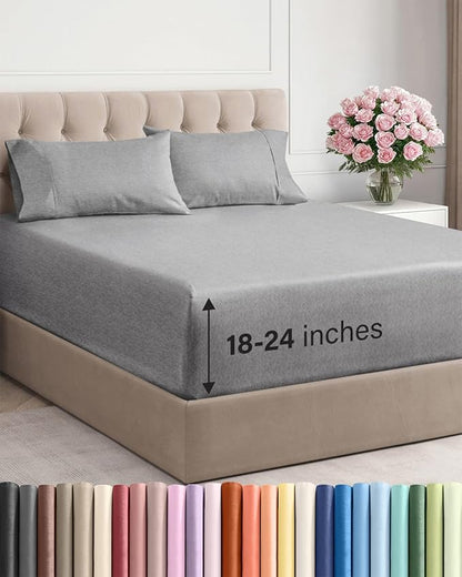 Extra Deep Pocket Full Sheets - 4 Piece Breathable & Cooling Bed Sheets - Hotel Luxury Sheet Set - Soft, Wrinkle Free & Comfy - Easily Fits Extra Deep Mattresses - Deep Pocket Heathered Grey Sheets