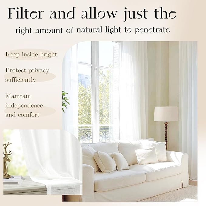 Dreaming Casa White Sheer Curtains 84 Inches Long, Rod Pocket & Back Tab Light Filtering Textured Sheers for Living Room Bedroom, 2 Panels, Each 100" W x 84" L