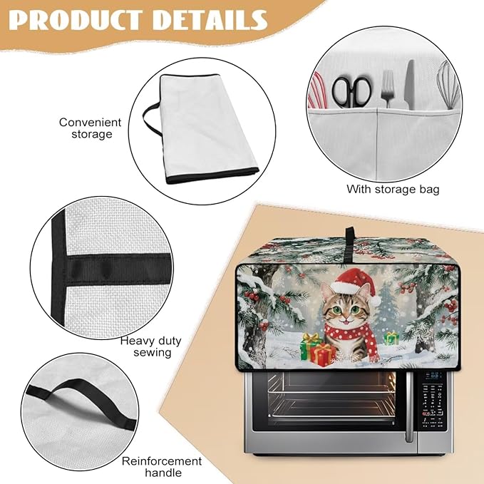 Air Fryer Toaster Oven Dust Cover Dust Protection Countertop Convection Oven Cover Stain-resistant Kitchen Appliance Protector for Christmas Winter, L, Cat Snowy Tree Print