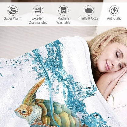Sea Turtle Throw Blanket, Teal Blue Ocean Underwater Animal Starfish Fish Nautical Coastal Theme Fleece Flannel Blanket for Couch Sofa Bedroom Adults Kids, 50"x60"