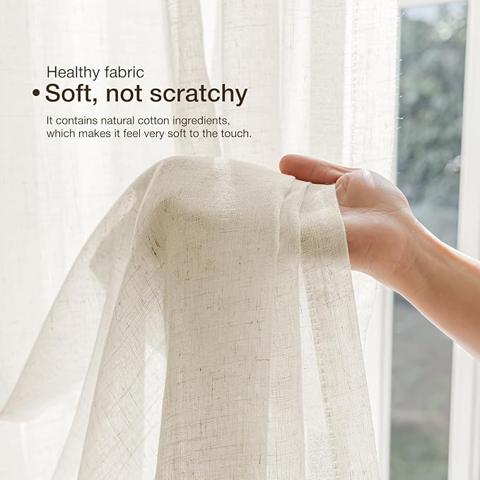 Anmao Natural Linen Curtains for Living Room 102 Inch Length 2 Panels Set, Light Filtering Semi Sheer Window Curtain Drapes for Bedroom with Curtain Rings and Clips, 52Wx102L, Ivory