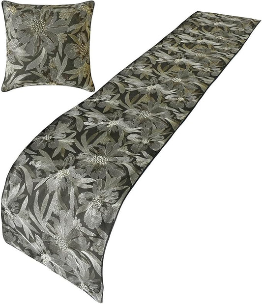The HomeCentric King/Queen/Twin Grey Decorative Bed Runner Queen 74"x18" Bed Runner Without Pillow Cover, Embroidery, Floral, Pearl Bed Scarf on Jacquard Fabric - Liana