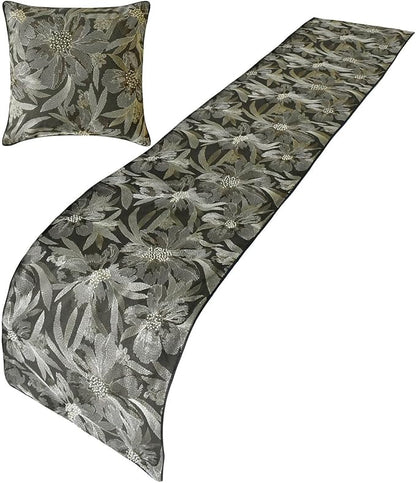 The HomeCentric King/Queen/Twin Grey Decorative Bed Runner King 90"x18" Bed Runner Without Pillow Cover, Embroidery, Floral, Pearl Bed Scarf on Jacquard Fabric - Liana