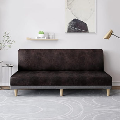 molasofa Leather Like Stretch Futon Slipcover Armless Futon Bed Sofa Cover Furniture Protector with Elastic Bottom, Soft and Washable Futon Cover for Sofa Bed Stay in Place（Larger，Chocolate）