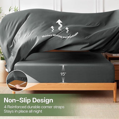 MR&HM Twin XL Fitted Sheet Only, Ultra-Soft Rayon Derived from Bamboo & Polyester Blend, Silky & Breathable, 15" Deep Pocket with Elastic Straps, Cooling Fitted Sheet for Hot Sleepers, Dark Grey