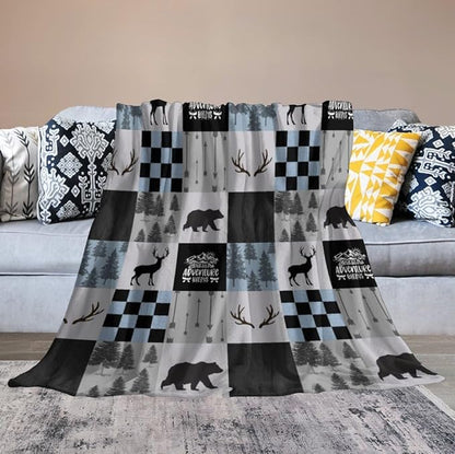 Bear Cabin Plaid Blanket, Rustic Retro Bear Deer Patchwork Gray Blue Farmhouse Throw Blanket for Couch Bed Living Room, 40"x50"
