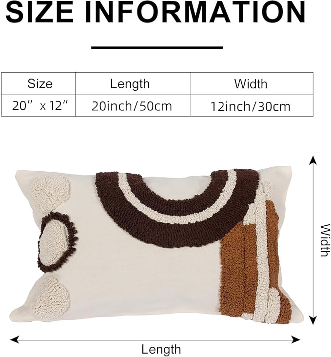 Boho Abstract Tufted Lumbar Pillow Cover 12x 20, Geometric Rainbow Cottagecore Decor Linen Pillow Cushion Case, Neutral Accent Farmhouse Home Decor for Outdoor Couch Bedroom Car Brown