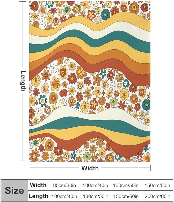 70s Retro Floral Throw Blanket, Boho Groovy Wavy Geometric Hippie Cute Flowers Yellow Orange Abstract Print Blanket for Holiday Theme Home Decor Bedding Couch and Gift 60"x80"