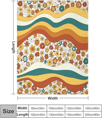 70s Retro Floral Throw Blanket, Boho Groovy Wavy Geometric Hippie Cute Flowers Yellow Orange Abstract Print Blanket for Holiday Theme Home Decor Bedding Couch and Gift 60"x80"
