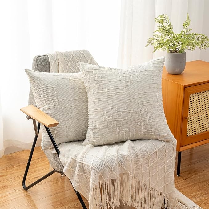 Decorative Throw Pillow Covers 16x16 Inch Set of 2, Soft Solid Farmhouse Chenille Couch Pillows, Spring Pillow Covers for Couch Sofa Bed Living Room Home Decor Pillowcase, Cream White