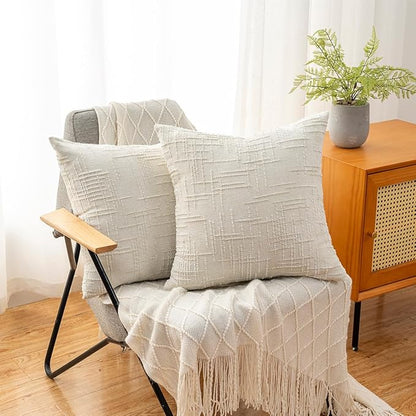 Decorative Throw Pillow Covers 20x20 Inch Set of 2, Soft Solid Farmhouse Chenille Couch Pillows, Spring Pillow Covers for Couch Sofa Bed Living Room Home Decor Pillowcase, Cream White