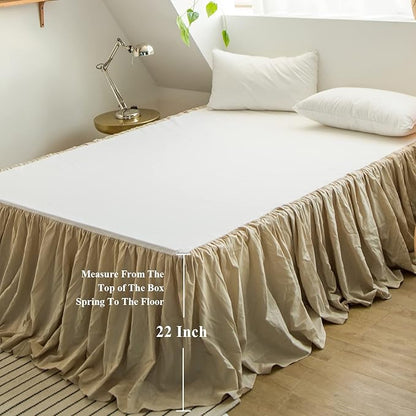 BISELINA French Linen Bed Skirt with Pleated Frills 22-Inch Tailored Drop Natural Flax Cotton Blend Dust Ruffle Soft Cozy Farmhouse Bedding (22" Twin, Linen)