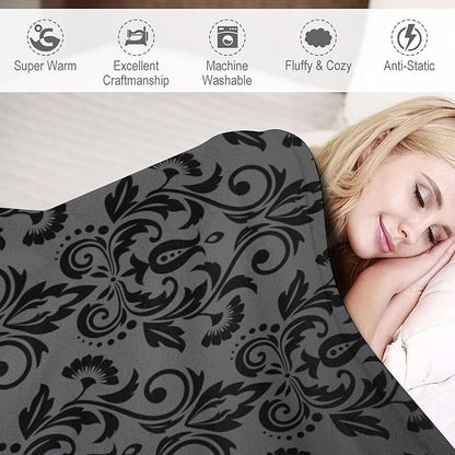 Black Damask Blanket, Antique Victorian Style Gothic Vintage Black Floral Bohemian Exotic Print Blanket for Sofa Bed Decor Fuzzy Blanket Twin, 50"x60"