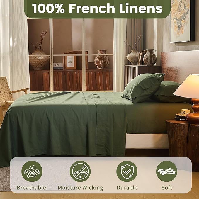 100% Linen Sheets King Size,Breathable & Durable 4-Piece Bed Flax Sheet Set,Soft All-Season Bedding for Hot Sleepers 16" Deep Pocket Oeko-TEX Certified,（King, Forest Green）