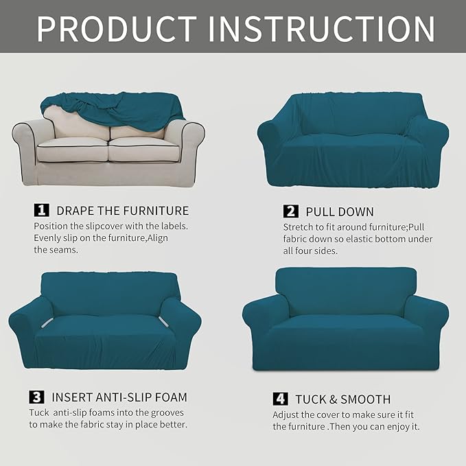 Easy-Going Stretch Oversized Chair Sofa Slipcover 1-Piece Couch Sofa Cover Furniture Protector Soft with Elastic Bottom for Kids Spandex Jacquard Fabric Small Checks Peacock Blue