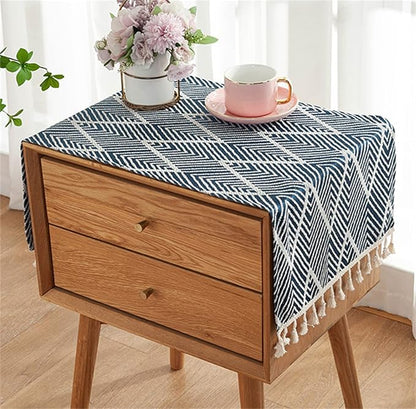 Simple Bedside Table Tassel Cover Cloth, Nightstand Tablecloth Cover Towel, Suitable for Bedside Table TV Microwave Washing Machine Refrigerator Dust Cover (15.7 * 35.4 inches,Geometric Blue)