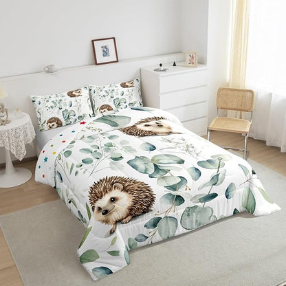 Erosebridal Cute Hedgehog Queen Size Comforter Set for Kids Child Green Eucalyptus Bedding Set, Woodland Animal Down Comforter Botanical Plant Leaves Bed Set, Cartoon Wildlife Quilted Duvet