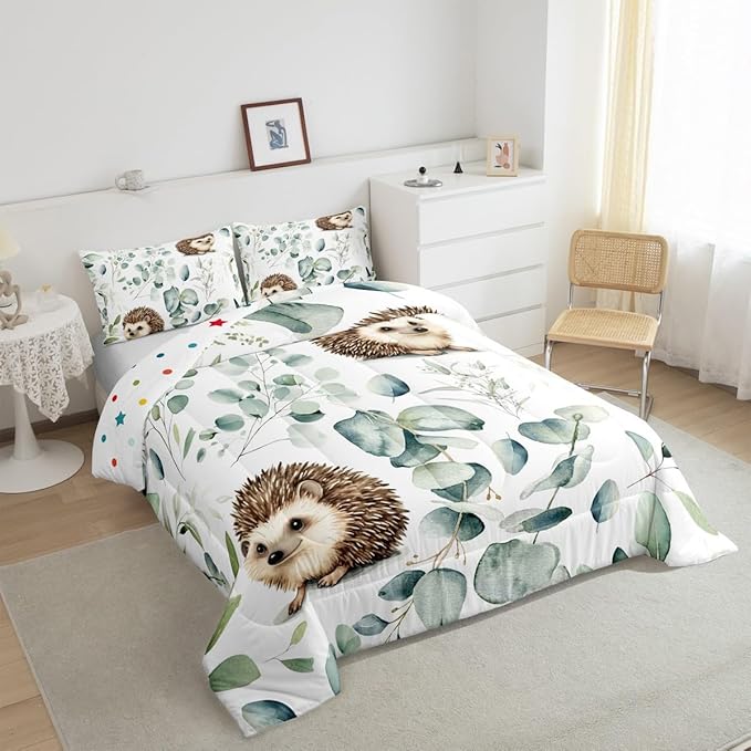 Erosebridal Cute Hedgehog Bedding King Size for Kids Child Green Eucalyptus Comforter Set King, Woodland Animal Duvet Insert Plant Leaves Quilt Set, Cartoon Wildlife Bedding Comforters & Sets