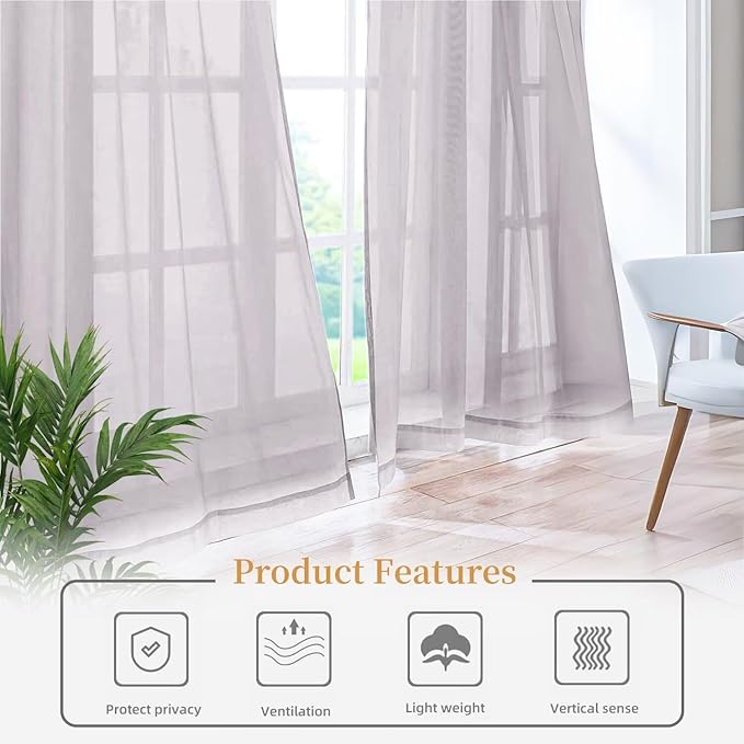 Sheer Curtains 63 Inches Long 2 Panels, Rod Pocket Short Curtain for Kitchen, Bedroom, Cafe Window(Light Grey 38" W x 63" L)