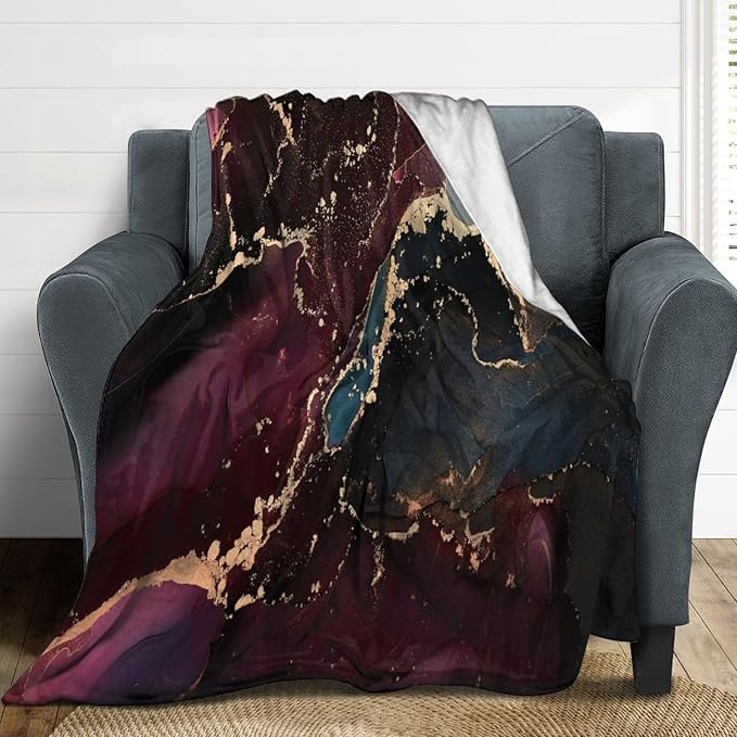 Modern Marble Blanket, Abstract Luxury Baroque Golden Purple Blue Stone Veins Pattern Soft Warm Cozy Plush Flannel Covers for Livingroom Bedroom Couch Chair Camping Travel Home Decor Tapestry 30x40in