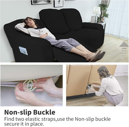 Easy-Going 6 Pieces Recliner Loveseat Stretch Sofa Slipcover Sofa Cover Furniture Protector Couch Soft with Elastic Bottom Kids, Spandex Jacquard Fabric Small Checks Black