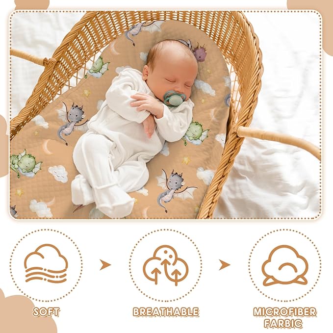 VitalCozy 4 Pcs Watercolor Dragon Bassinet Sheets 32 x 16 x 3 Inches Dragon Sheets for Standard Bed Toddler Mattresses Soft Breathable Cute Watercolor Print Newborn Bedding for Girl Boys