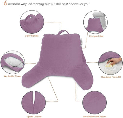 Nestl Reading Pillow with Shredded Memory Foam, Designed for Sitting Up in Bed and Couch, Back and Arms Adjustable Support for Adult & Teens Backrest Pillows for Reading Washable Cover, Lavender Dream